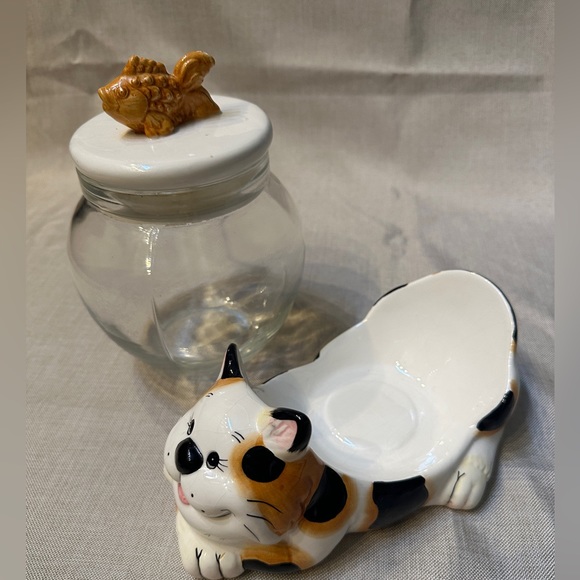Vintage Calico Cat w/ Goldfish Bowl Lid Cookie Treat Jar - Picture 8 of 12